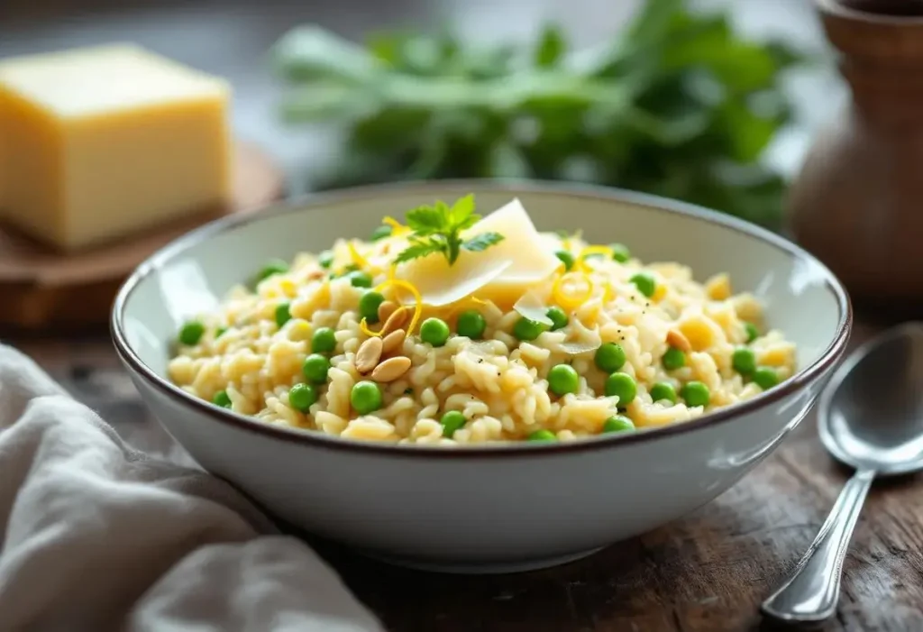 Un risotto tout doux et ultra crémeux aux poireaux, petits pois et parmesan : le dîner doudou prêt en 25 minutes sans une goutte de vin